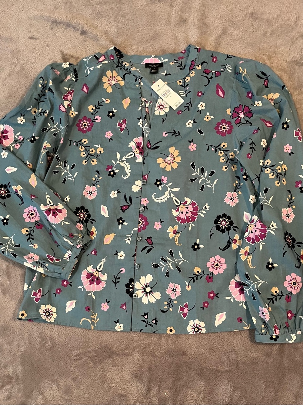 Ann Taylor Teal Floral Long-Sleeve Button Blouse - Picture 3 of 5